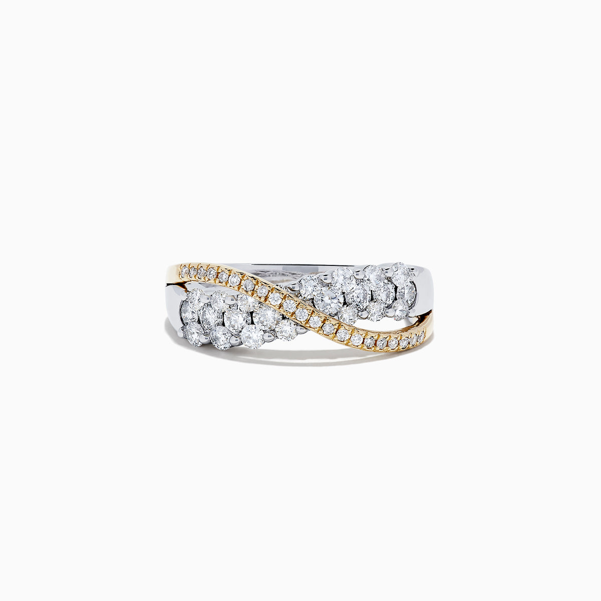 The 14K White and Yellow Gold Diamond Crossover Ring, 1.00 TCW, features rows of white diamonds on a silver band intertwined with a 14K gold band adorned with diamonds, displayed against a white background.