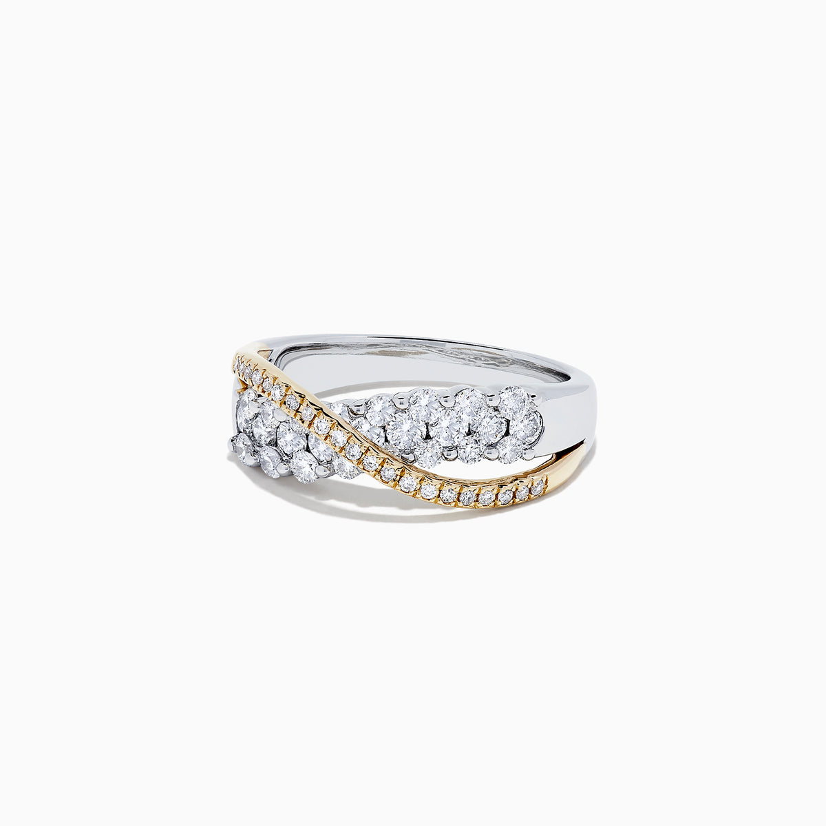 The 14K White and Yellow Gold Diamond Crossover Ring, 1.00 TCW, features rows of white diamonds on a silver band intertwined with a 14K gold band adorned with diamonds, displayed against a white background.