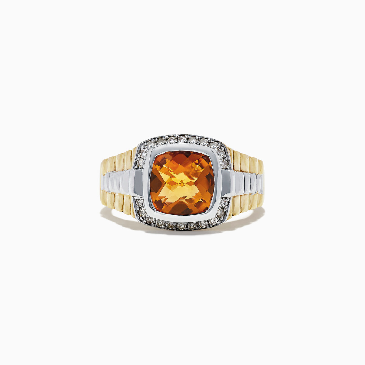 Mens Sterling Silver Citrine and Diamond Ring, 2.87 TCW, featuring a large square-cut citrine at the center surrounded by sparkling diamonds, displayed on a white background.