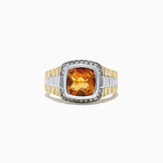 Mens Sterling Silver Citrine and Diamond Ring, 2.87 TCW, featuring a large square-cut citrine at the center surrounded by sparkling diamonds, displayed on a white background.