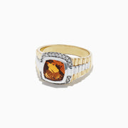 Mens Sterling Silver Citrine and Diamond Ring, 2.87 TCW, featuring a large square-cut citrine at the center surrounded by sparkling diamonds, displayed on a white background.