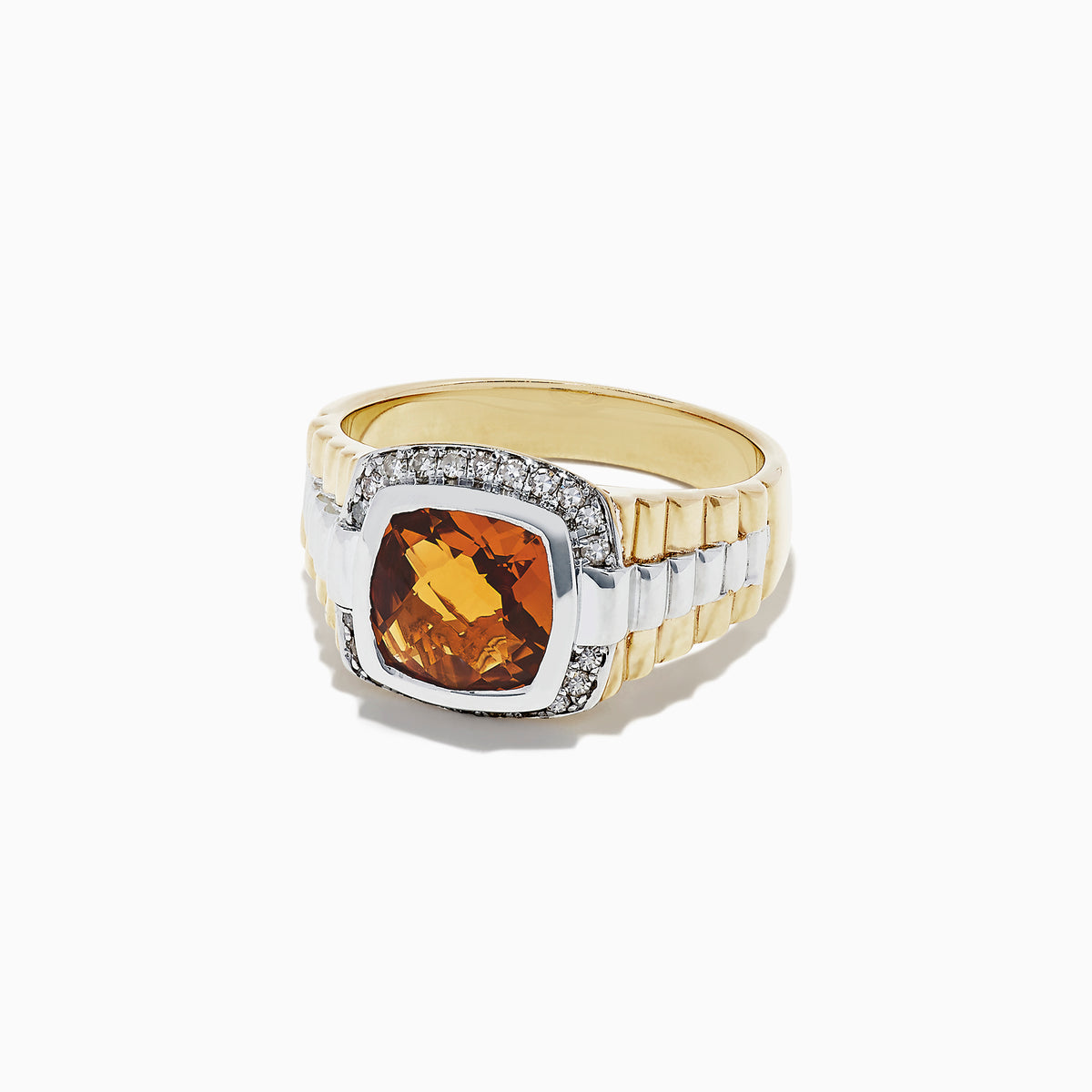Mens Sterling Silver Citrine and Diamond Ring, 2.87 TCW, featuring a large square-cut citrine at the center surrounded by sparkling diamonds, displayed on a white background.