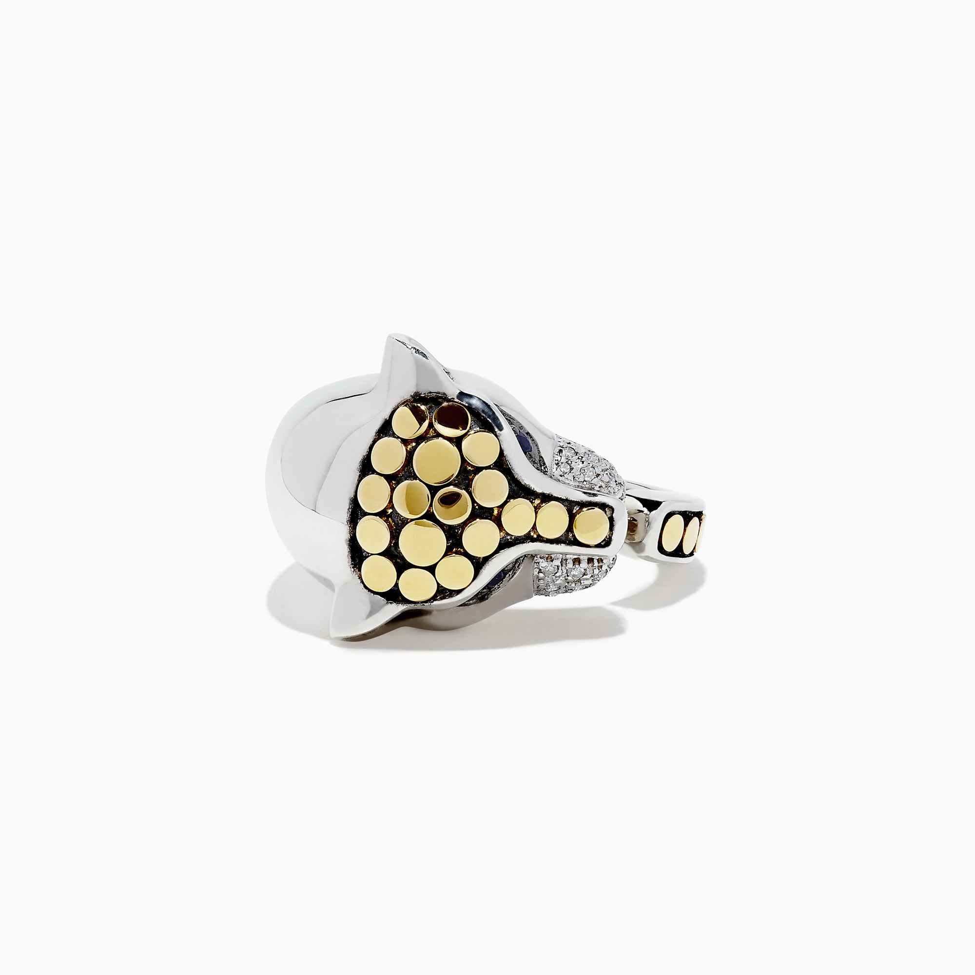 The 925 Sterling Silver & 18K Gold Diamond Panther Ring (1.10 TCW) features elegant gold circular accents atop a unique band, displayed on a white background.