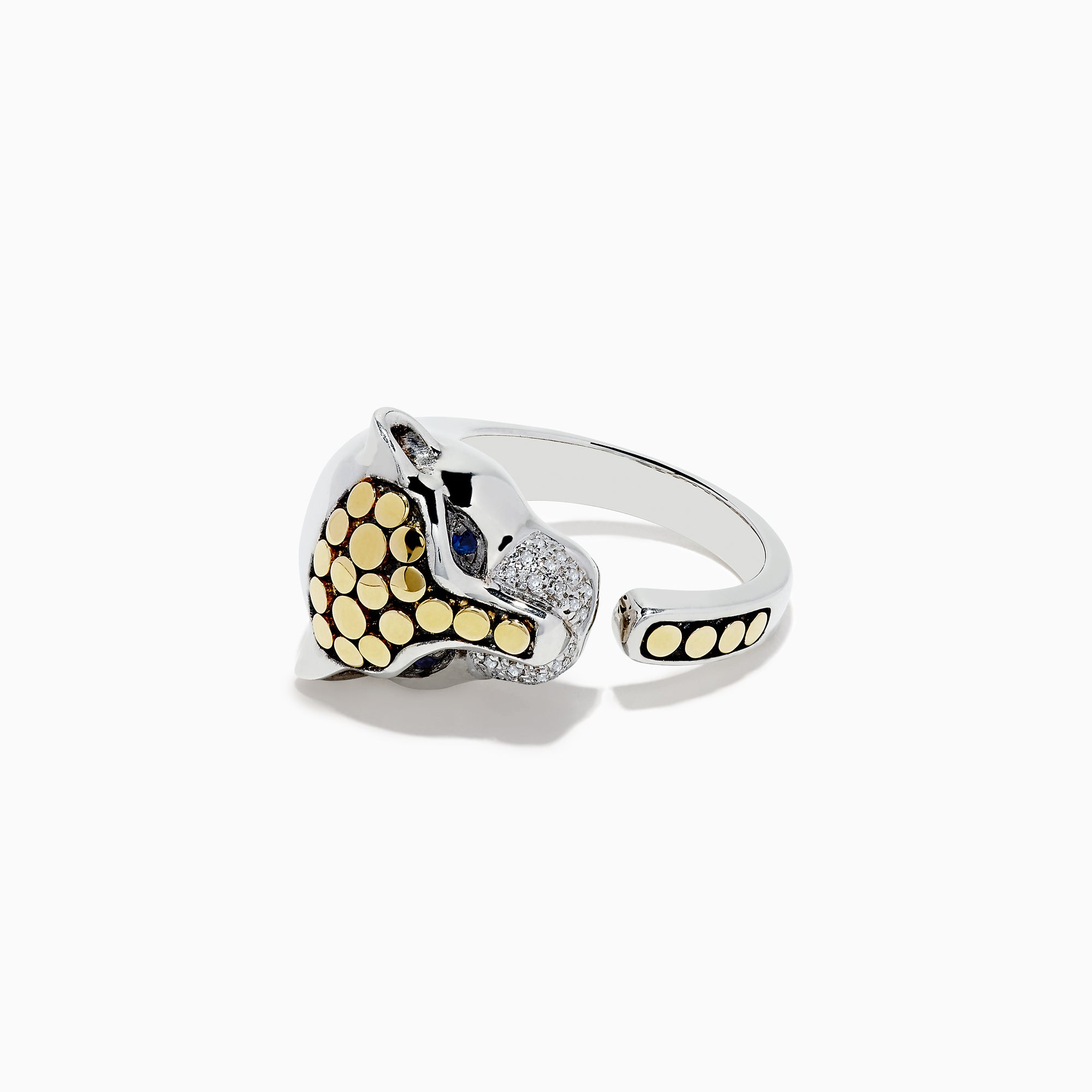 The 925 Sterling Silver & 18K Gold Diamond Panther Ring, 1.10 TCW, features a stylized panther head with diamond and gold accents, black eyes, and additional gold details on the open band.