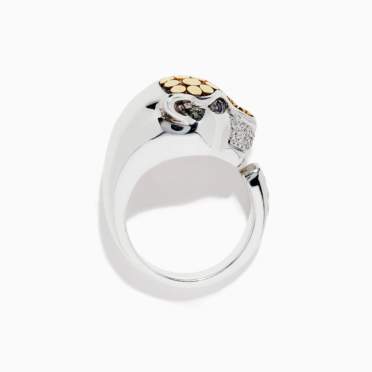 The 925 Sterling Silver & 18K Gold Diamond Panther Ring, 1.10 TCW, features a panther’s head with gold and diamond accents, shown in profile to emphasize its sculpted design against a white background.