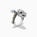 The Safari Sterling Silver and 14K Gold Sapphire Dragon Ring, 0.79 TCW, features a detailed dragon head and body with blue sapphires set along the band and gold accents on the scales, shown on a white background.