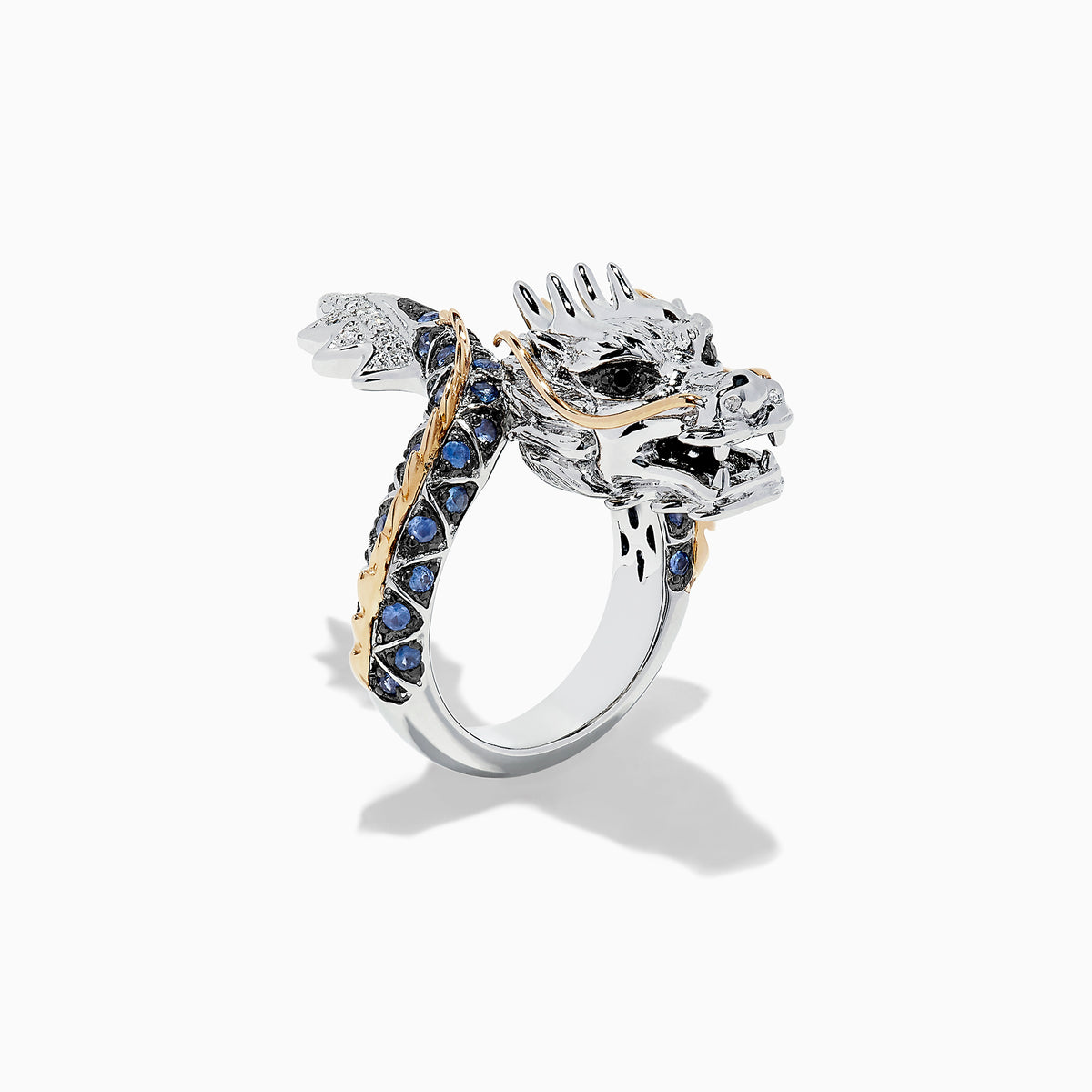 The Safari Sterling Silver and 14K Gold Sapphire Dragon Ring, 0.79 TCW, features a detailed dragon head and body with blue sapphires set along the band and gold accents on the scales, shown on a white background.