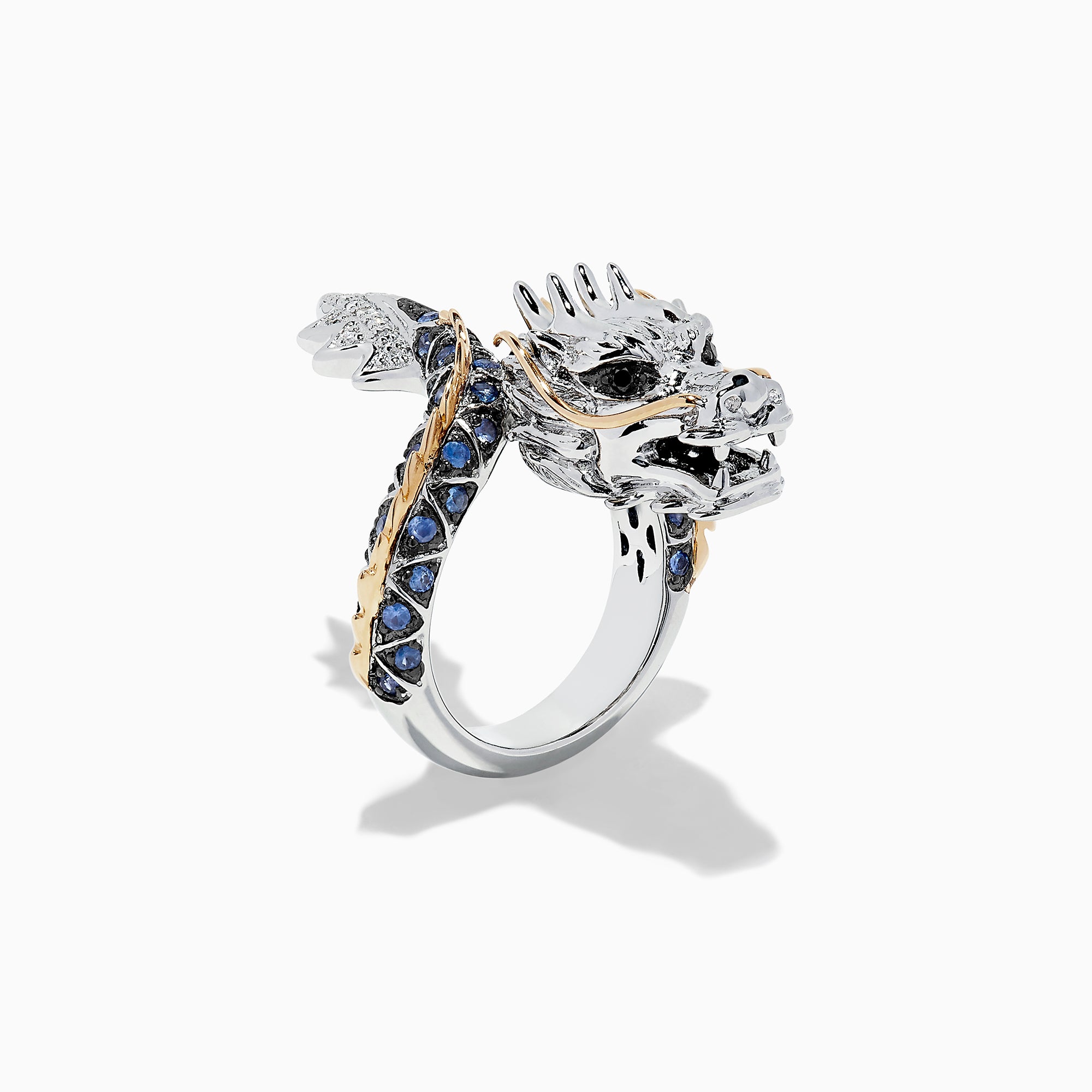 The Safari Sterling Silver and 14K Gold Sapphire Dragon Ring, 0.79 TCW, features a detailed dragon head and body with blue sapphires set along the band and gold accents on the scales, shown on a white background.