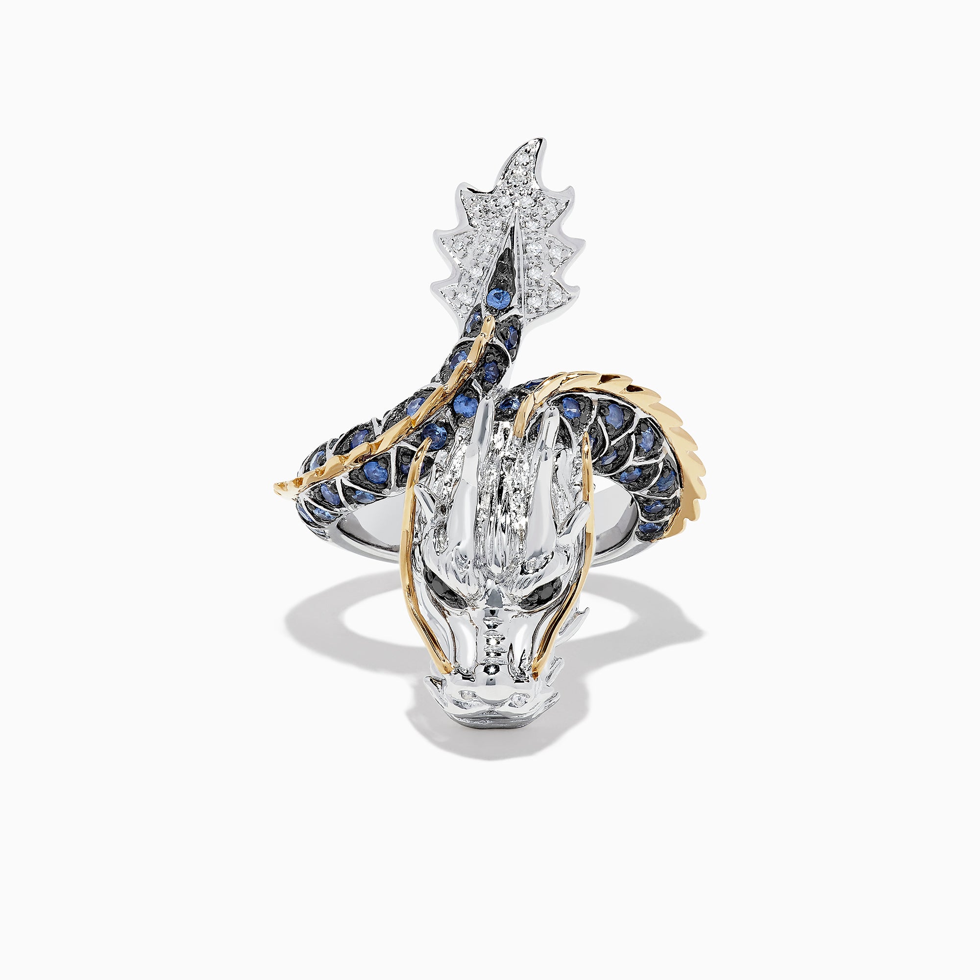 The Safari Sterling Silver and 14K Gold Sapphire Dragon Ring, 0.79 TCW, features a detailed dragon head and body with blue sapphires set along the band and gold accents on the scales, shown on a white background.
