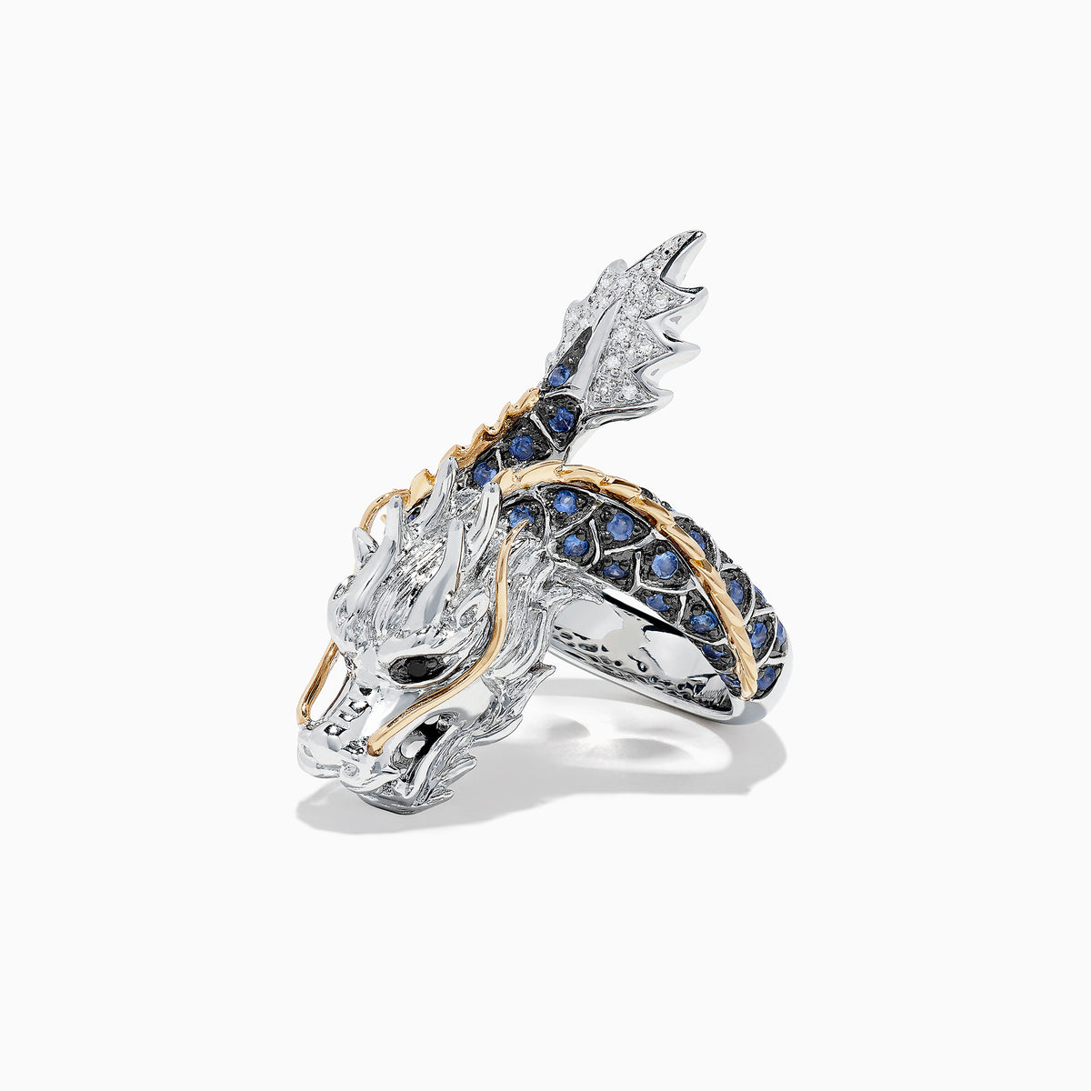 The Safari Sterling Silver and 14K Gold Sapphire Dragon Ring, 0.79 TCW, features a detailed dragon head and body with blue sapphires set along the band and gold accents on the scales, shown on a white background.