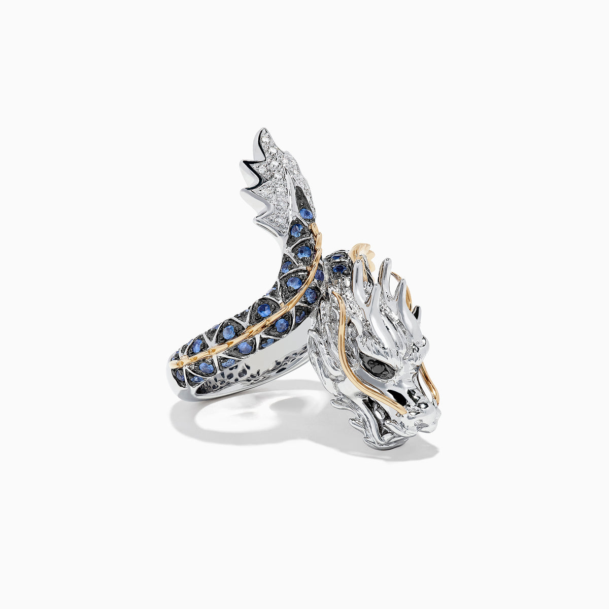 The Safari Sterling Silver and 14K Gold Sapphire Dragon Ring, 0.79 TCW, features a detailed dragon head and body with blue sapphires set along the band and gold accents on the scales, shown on a white background.