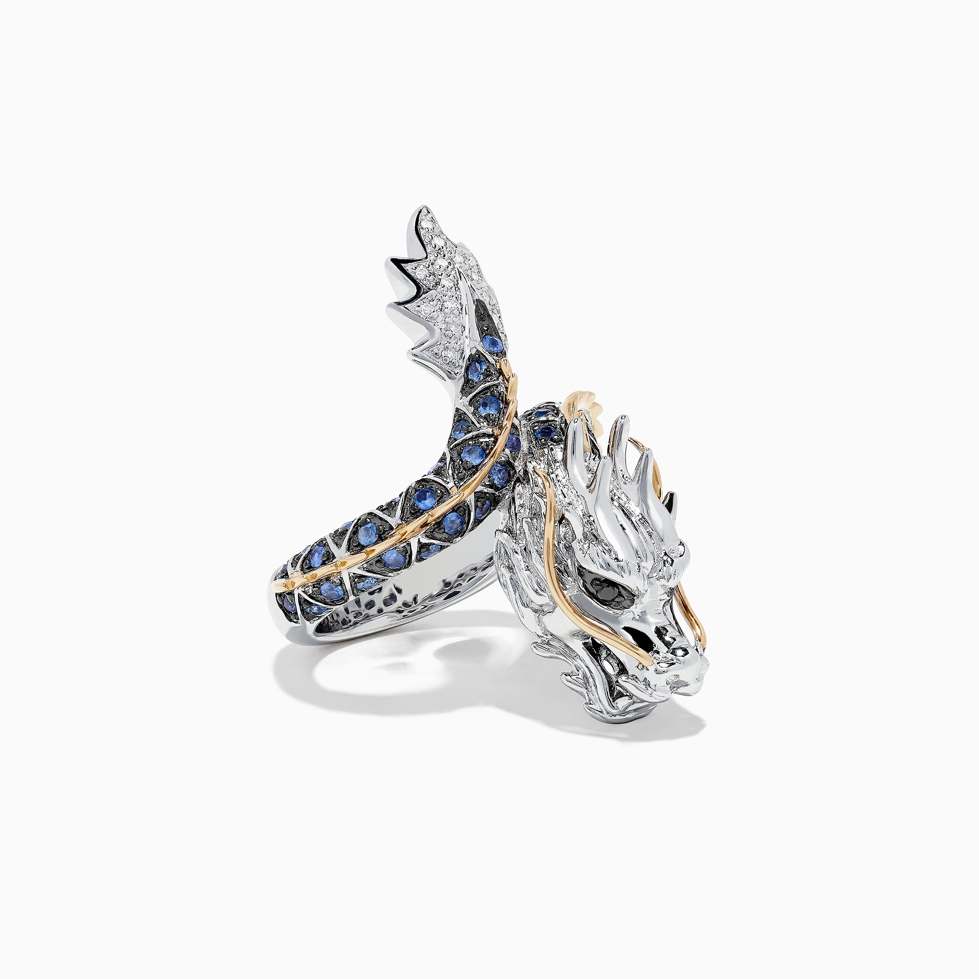 The Safari Sterling Silver and 14K Gold Sapphire Dragon Ring, 0.79 TCW, features a detailed dragon head and body with blue sapphires set along the band and gold accents on the scales, shown on a white background.