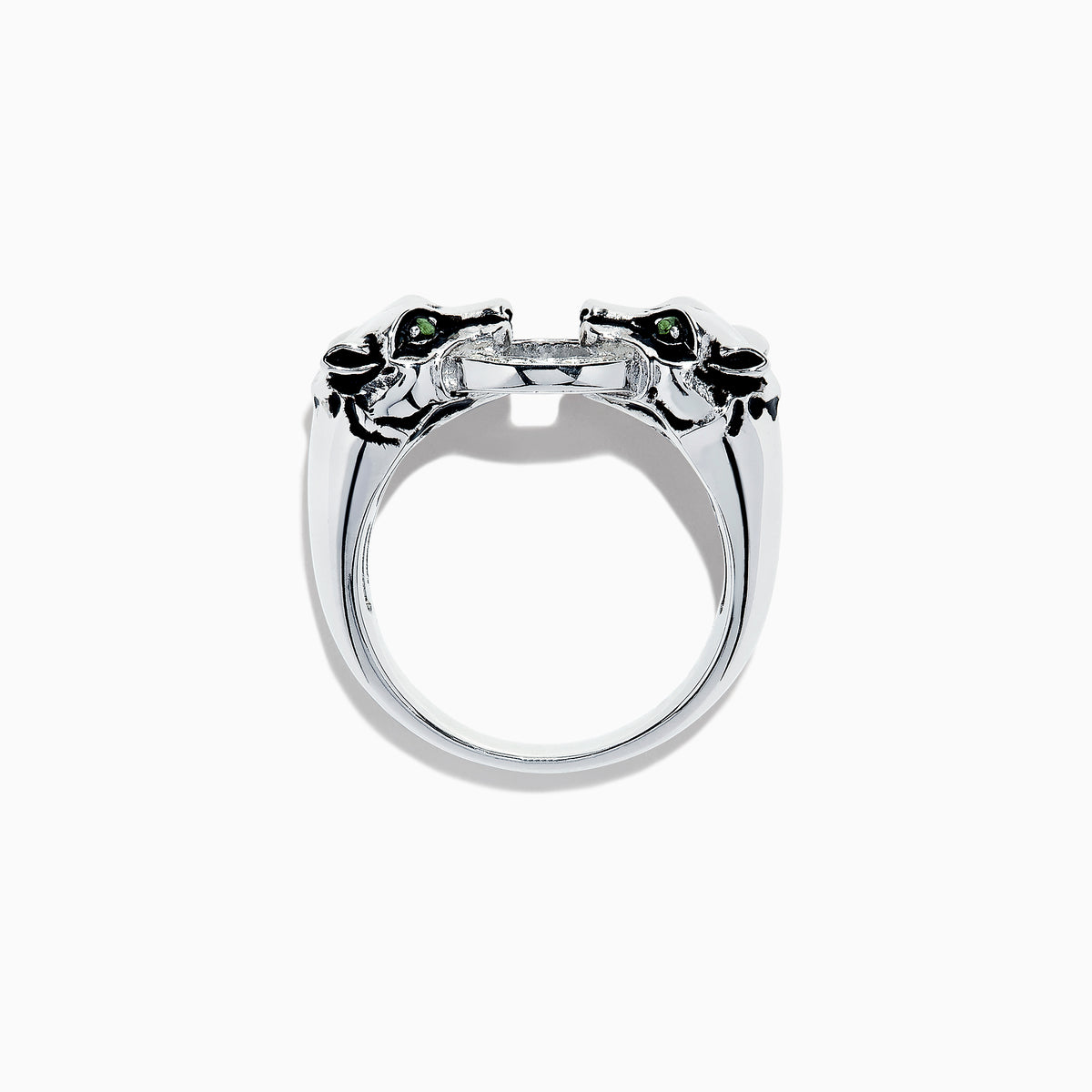 The Signature Sterling Silver Diamond Panther Ring, 0.09 TCW, features two panther heads with green gemstone eyes gripping a diamond-set circle in their mouths—an elegant and detailed design against a white backdrop.
