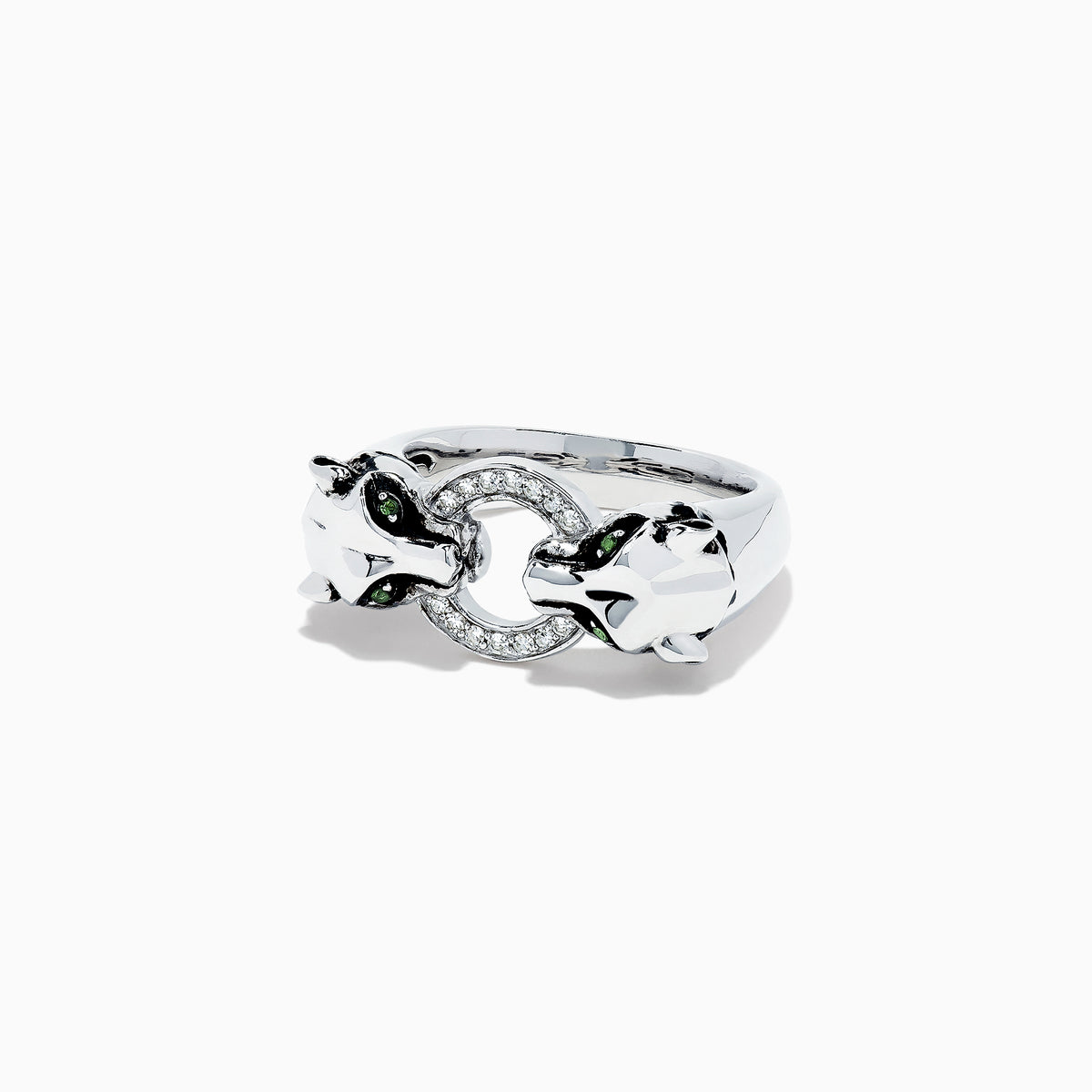 The Signature Sterling Silver Diamond Panther Ring, 0.09 TCW, features two panther heads with green gemstone eyes gripping a diamond-set circle in their mouths—an elegant and detailed design against a white backdrop.