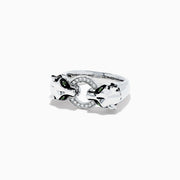 The Signature Sterling Silver Diamond Panther Ring, 0.09 TCW, features two panther heads with green gemstone eyes gripping a diamond-set circle in their mouths—an elegant and detailed design against a white backdrop.