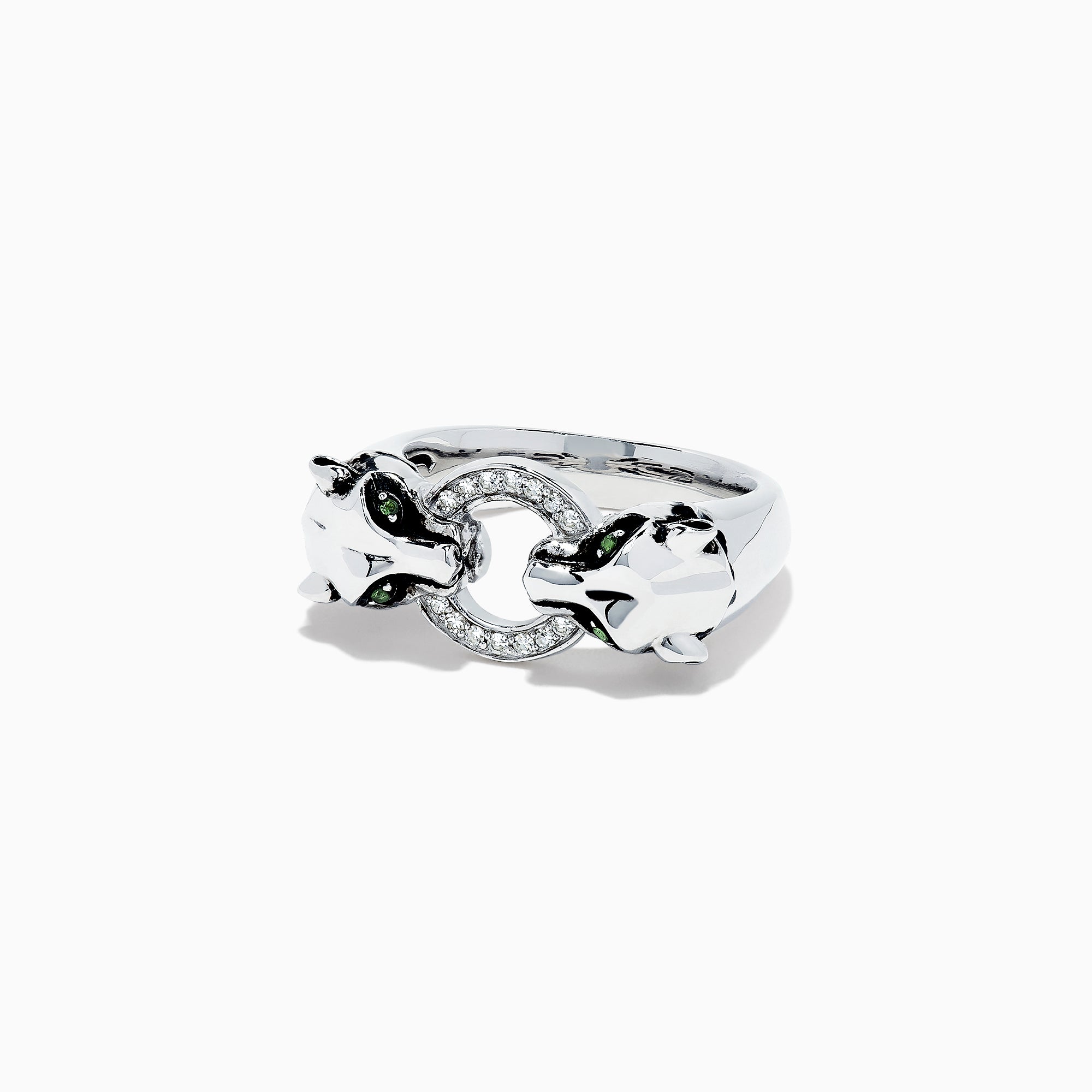 The Signature Sterling Silver Diamond Panther Ring, 0.09 TCW, features two panther heads with green gemstone eyes gripping a diamond-set circle in their mouths—an elegant and detailed design against a white backdrop.