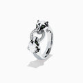 The Signature Sterling Silver Diamond Panther Ring, 0.09 TCW, features two panther heads with green gemstone eyes gripping a diamond-set circle in their mouths—an elegant and detailed design against a white backdrop.