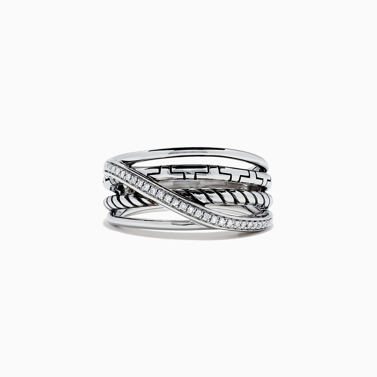 The 925 Sterling Silver Diamond Crossover Ring, 0.08 TCW, features multiple overlapping bands—one adorned with sparkling diamonds—shown on a plain white background.