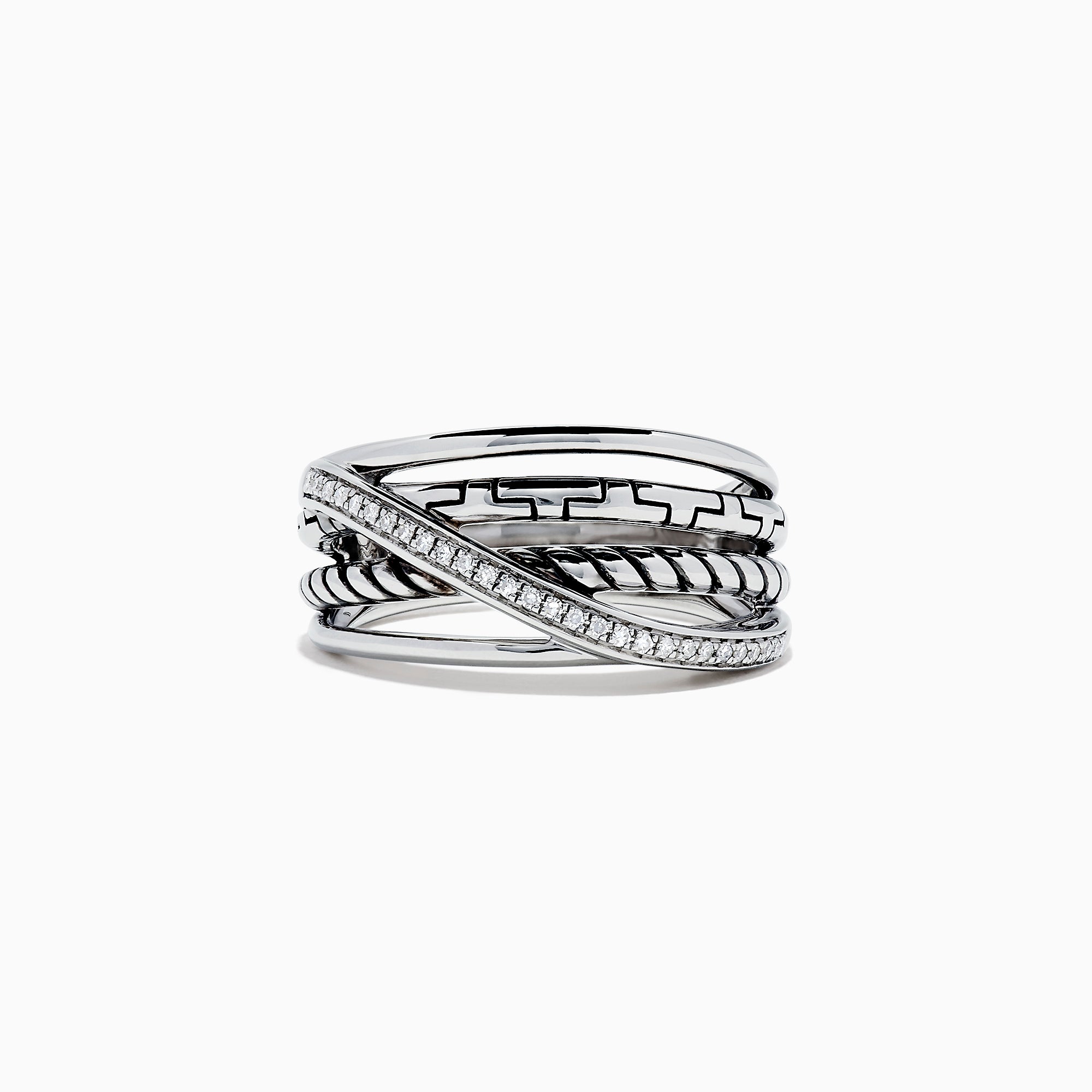 The 925 Sterling Silver Diamond Crossover Ring, 0.08 TCW, features multiple overlapping bands—one adorned with sparkling diamonds—shown on a plain white background.