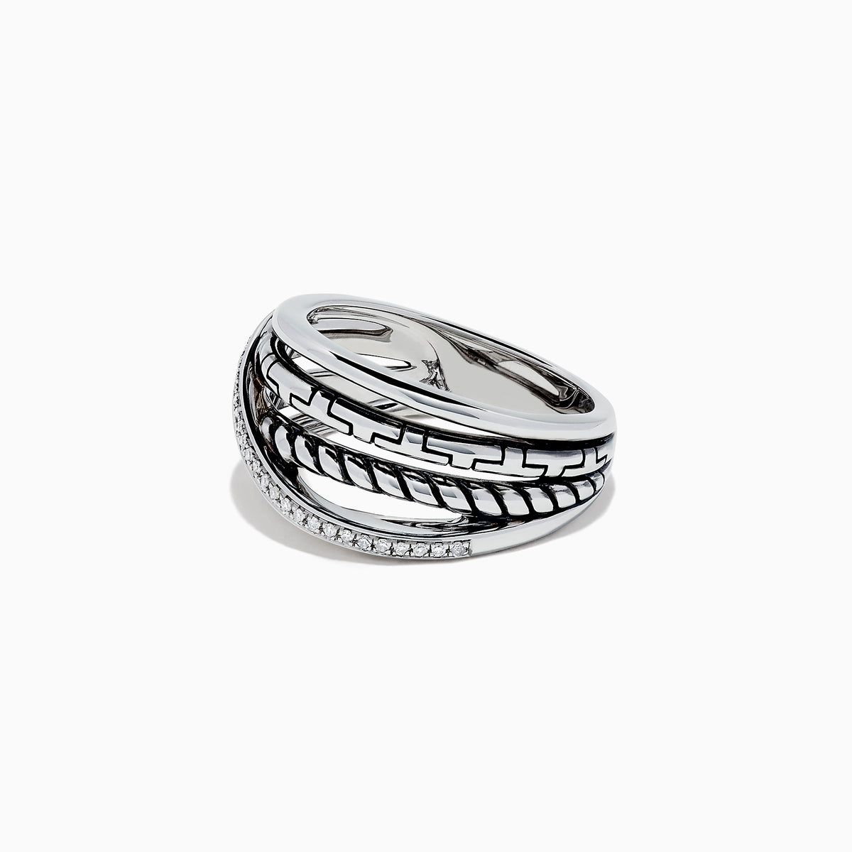 The 925 Sterling Silver Diamond Crossover Ring, 0.08 TCW, features multiple overlapping bands—one adorned with sparkling diamonds—shown on a plain white background.