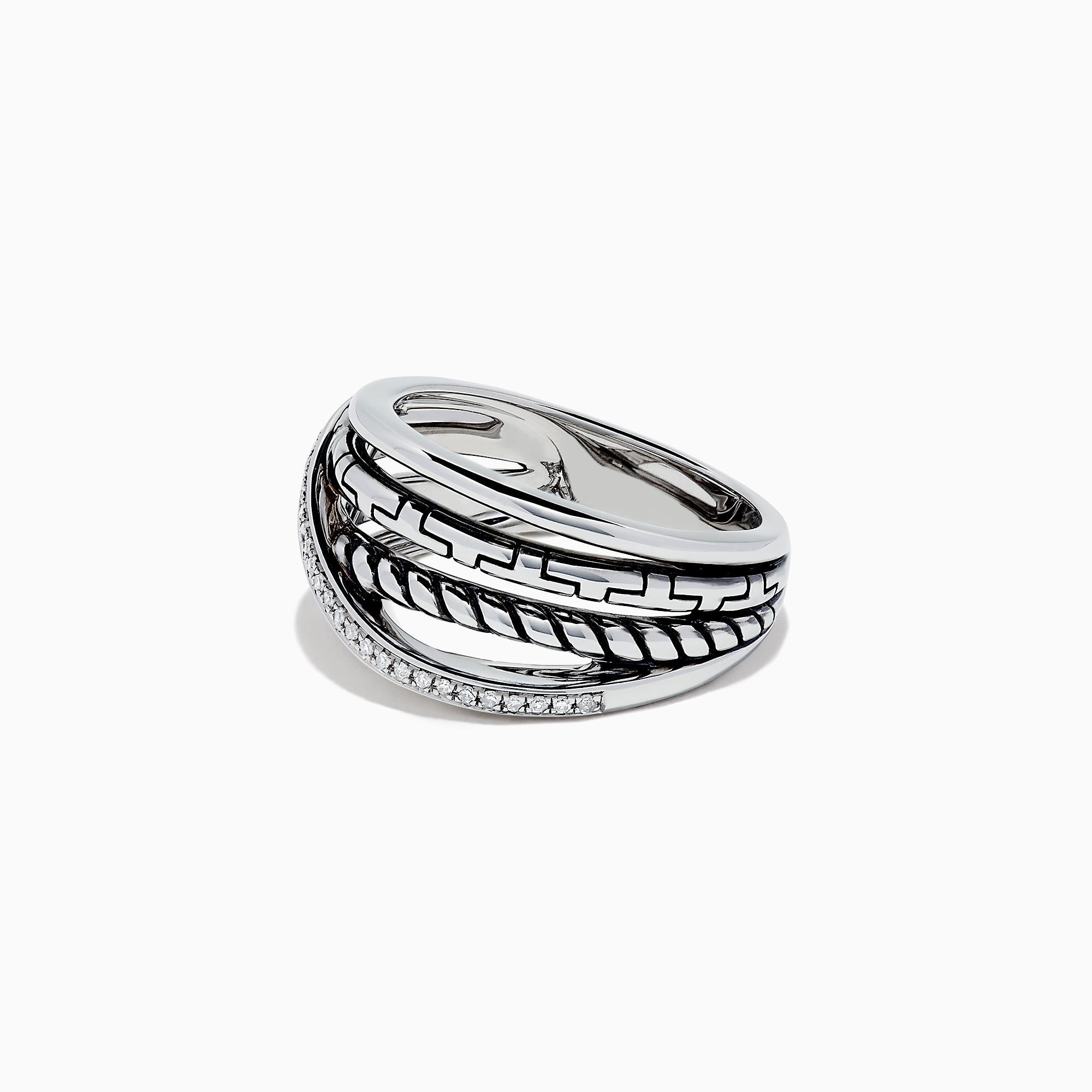 The 925 Sterling Silver Diamond Crossover Ring, 0.08 TCW, features multiple overlapping bands—one adorned with sparkling diamonds—shown on a plain white background.
