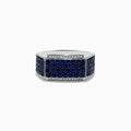 The Mens 925 Sterling Silver Diamond and Blue Sapphire Ring features a wide band with a rectangular blue sapphire section bordered by small diamonds in a geometric pattern.