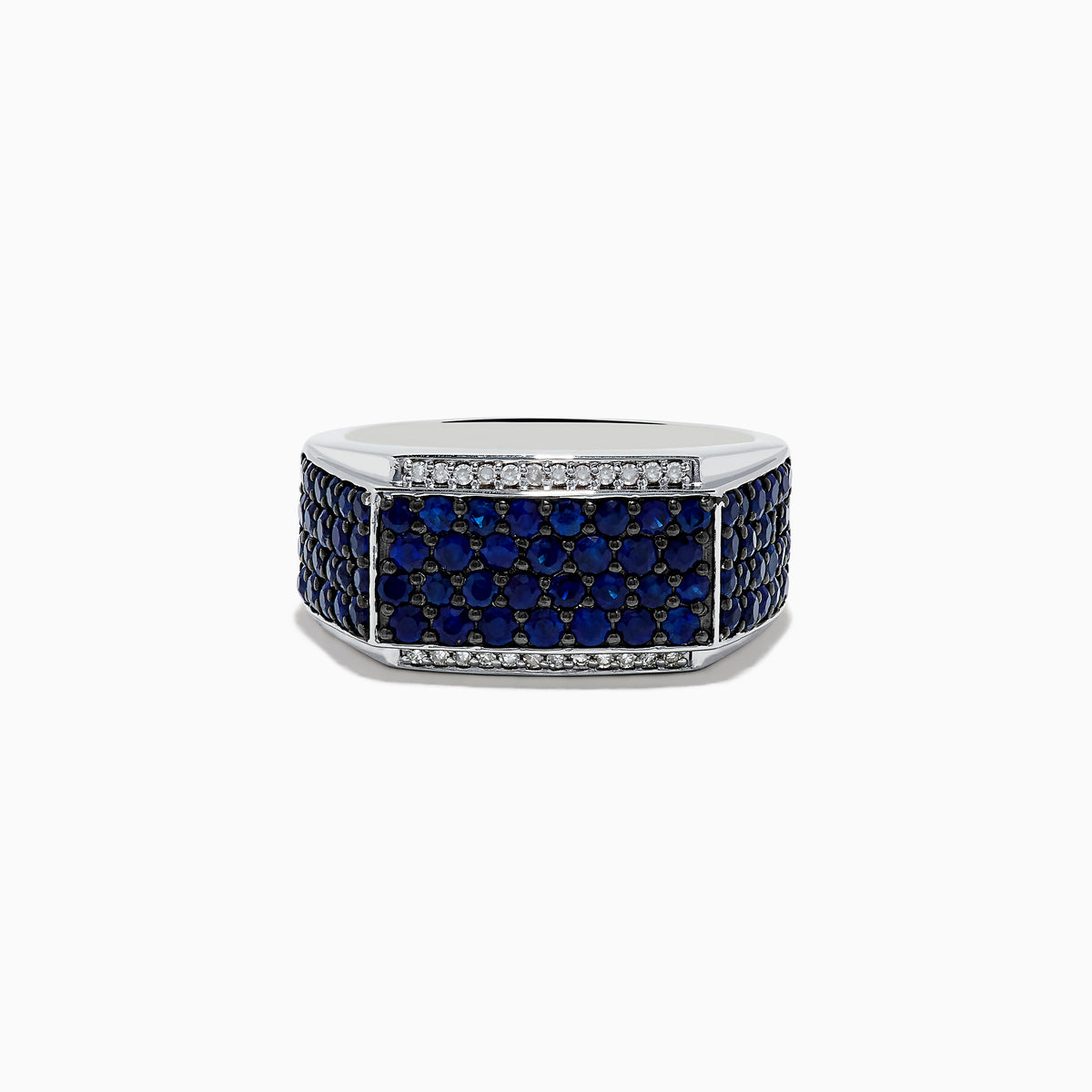 The Mens 925 Sterling Silver Diamond and Blue Sapphire Ring features a wide band with a rectangular blue sapphire section bordered by small diamonds in a geometric pattern.