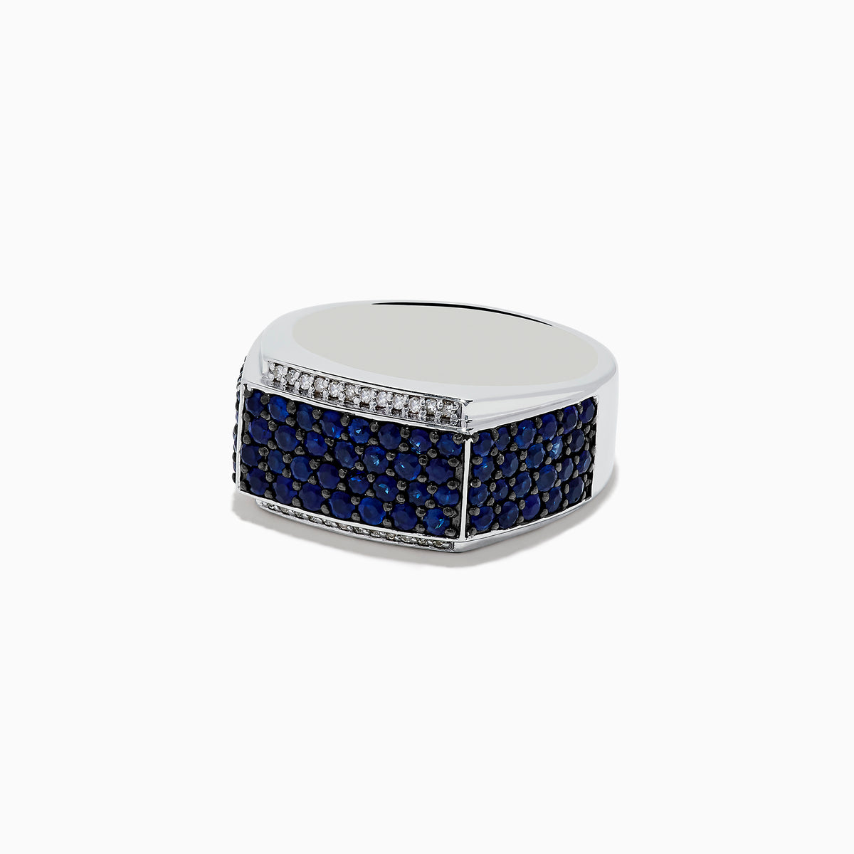 The Mens 925 Sterling Silver Diamond and Blue Sapphire Ring features a wide band with a rectangular blue sapphire section bordered by small diamonds in a geometric pattern.
