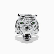 The Sterling Silver Black Diamond and Tsavorite Tiger Ring, 0.21 TCW, features a tiger’s head design with detailed fur, black diamonds, and vivid green Tsavorite eyes, displayed against a white background.