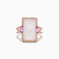 The 14K Rose Gold Pink Rose Quartz, Pink Amethyst and Diamond Ring showcases a large rectangular rose quartz center, pink amethyst accents, and sparkling diamonds outlining the stone and band, all displayed on a white background.