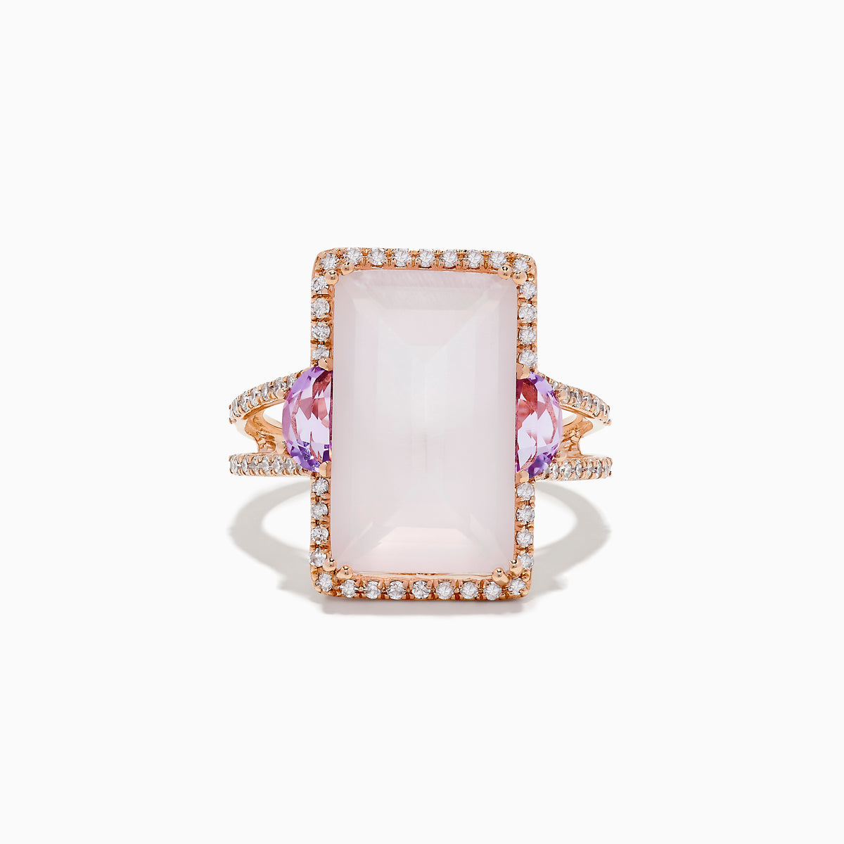 The 14K Rose Gold Pink Rose Quartz, Pink Amethyst and Diamond Ring showcases a large rectangular rose quartz center, pink amethyst accents, and sparkling diamonds outlining the stone and band, all displayed on a white background.