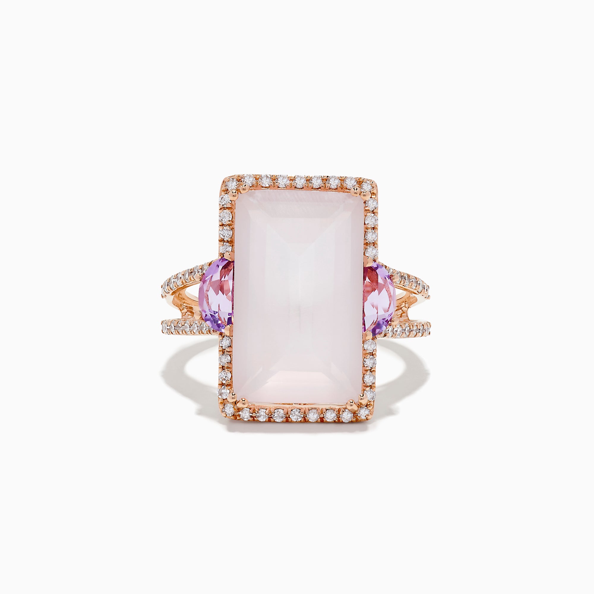 The 14K Rose Gold Pink Rose Quartz, Pink Amethyst and Diamond Ring showcases a large rectangular rose quartz center, pink amethyst accents, and sparkling diamonds outlining the stone and band, all displayed on a white background.