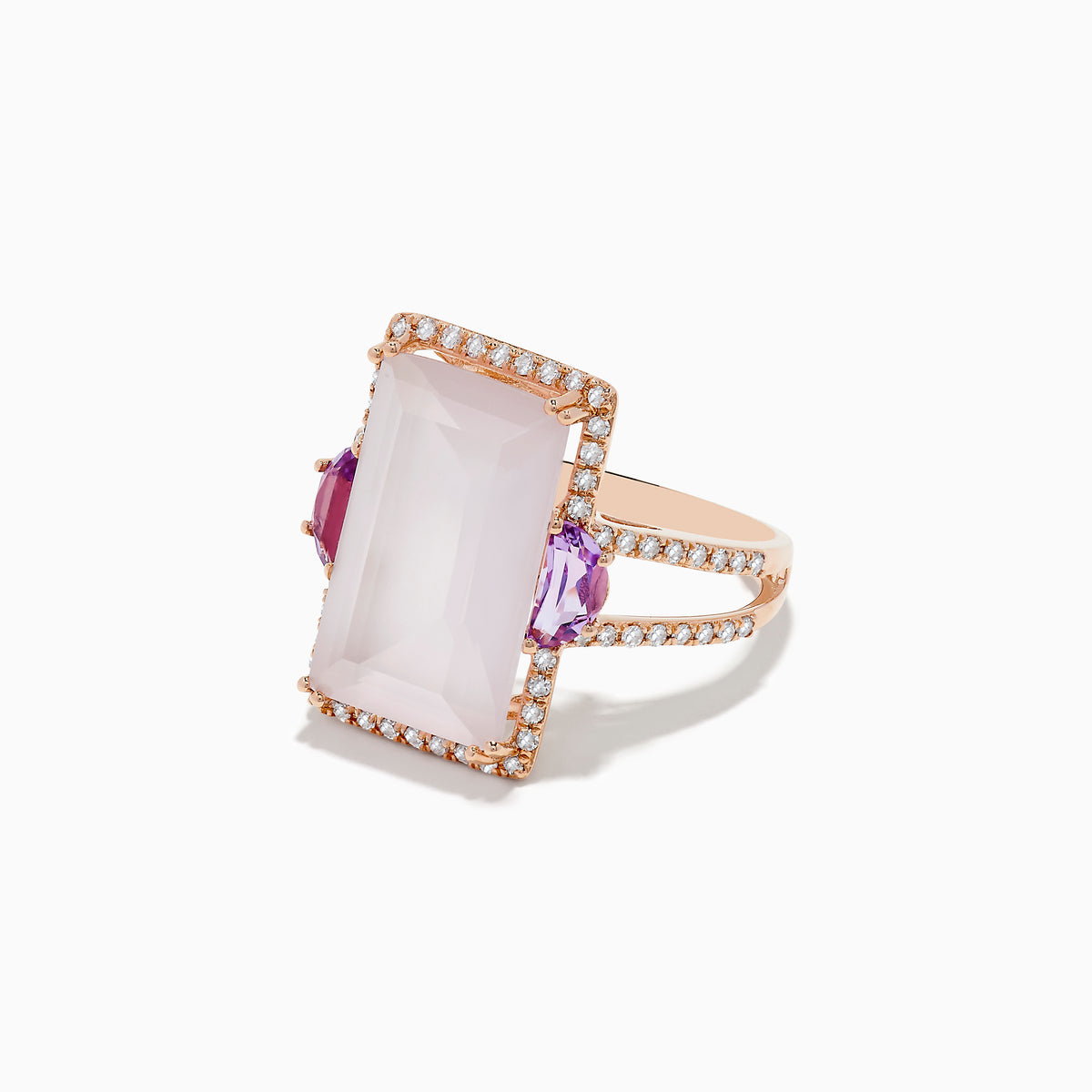 The 14K Rose Gold Pink Rose Quartz, Pink Amethyst and Diamond Ring showcases a large rectangular rose quartz center, pink amethyst accents, and sparkling diamonds outlining the stone and band, all displayed on a white background.