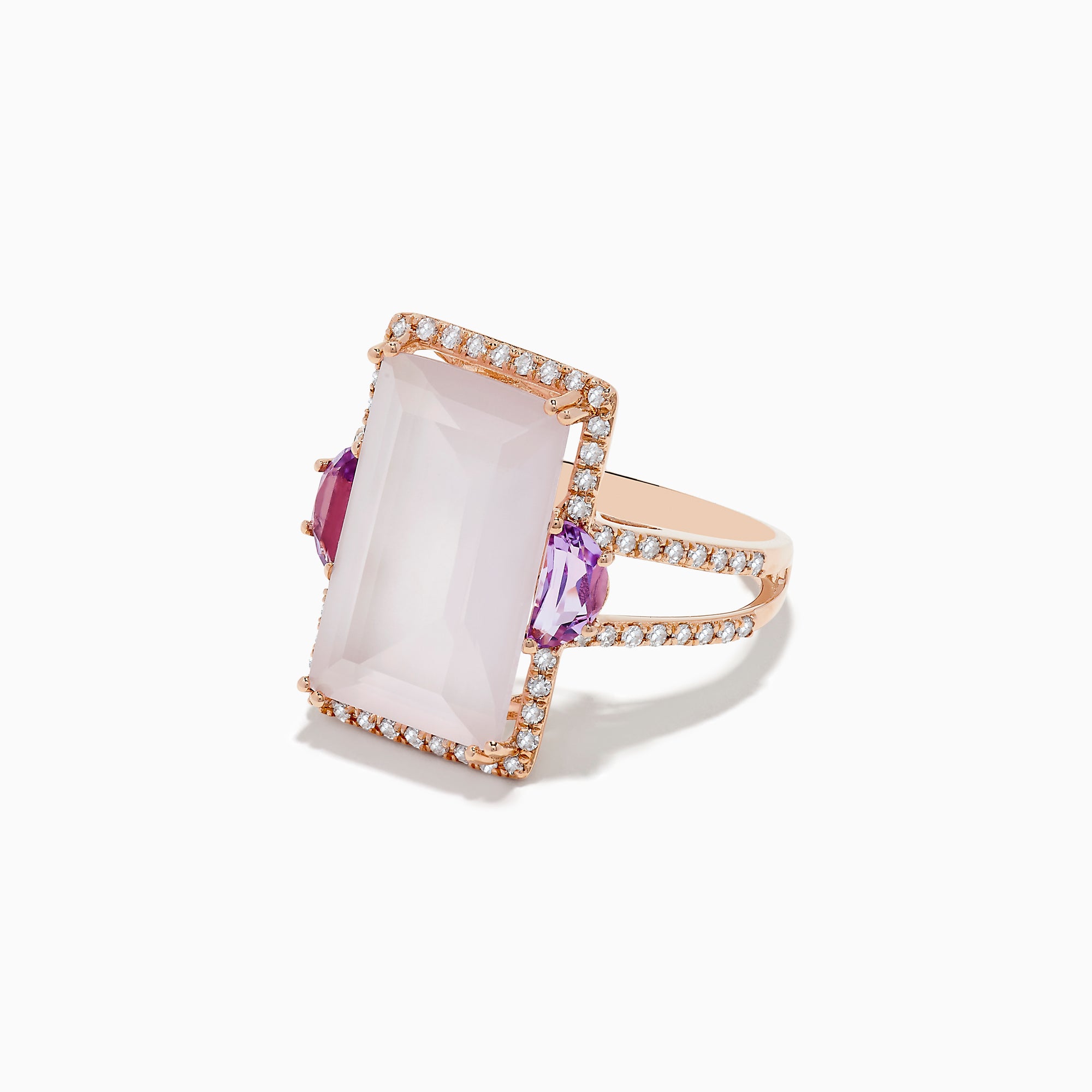 The 14K Rose Gold Pink Rose Quartz, Pink Amethyst and Diamond Ring showcases a large rectangular rose quartz center, pink amethyst accents, and sparkling diamonds outlining the stone and band, all displayed on a white background.
