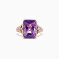 The 14K Rose Gold Amethyst, Tanzanite and Diamond Cocktail Ring (7.60 TCW) showcases a large rectangular amethyst center, flanked by tanzanites and sparkling diamonds set along the detailed rose gold band.