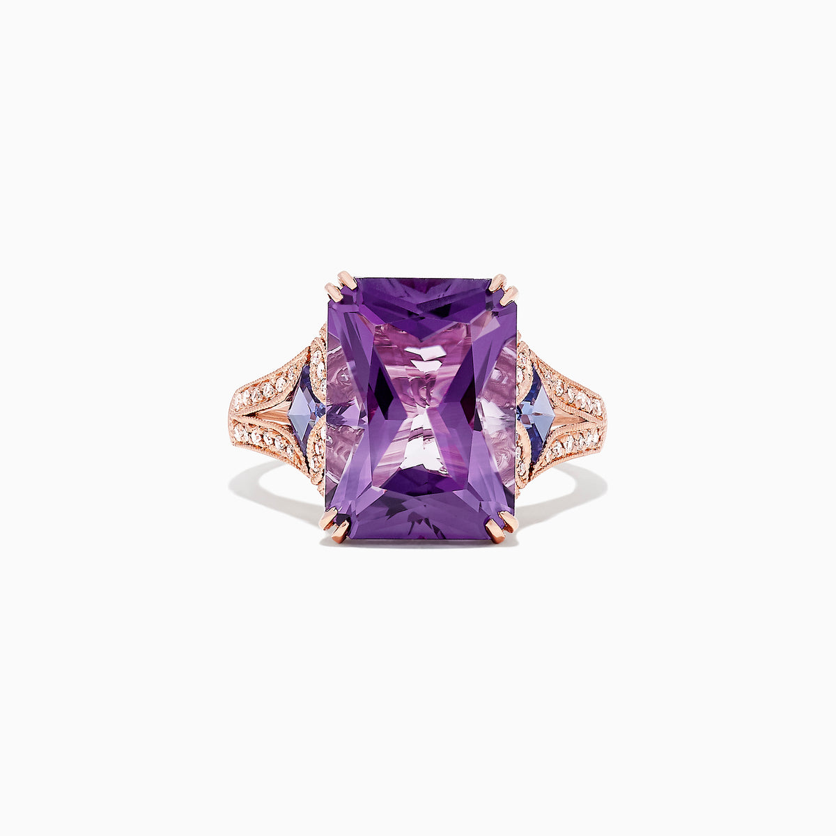 The 14K Rose Gold Amethyst, Tanzanite and Diamond Cocktail Ring (7.60 TCW) showcases a large rectangular amethyst center, flanked by tanzanites and sparkling diamonds set along the detailed rose gold band.