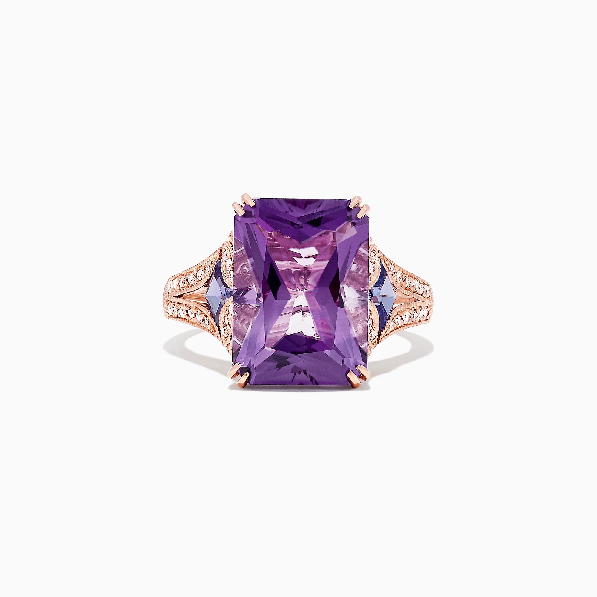 The 14K Rose Gold Amethyst, Tanzanite and Diamond Cocktail Ring (7.60 TCW) showcases a large rectangular amethyst center, flanked by tanzanites and sparkling diamonds set along the detailed rose gold band.