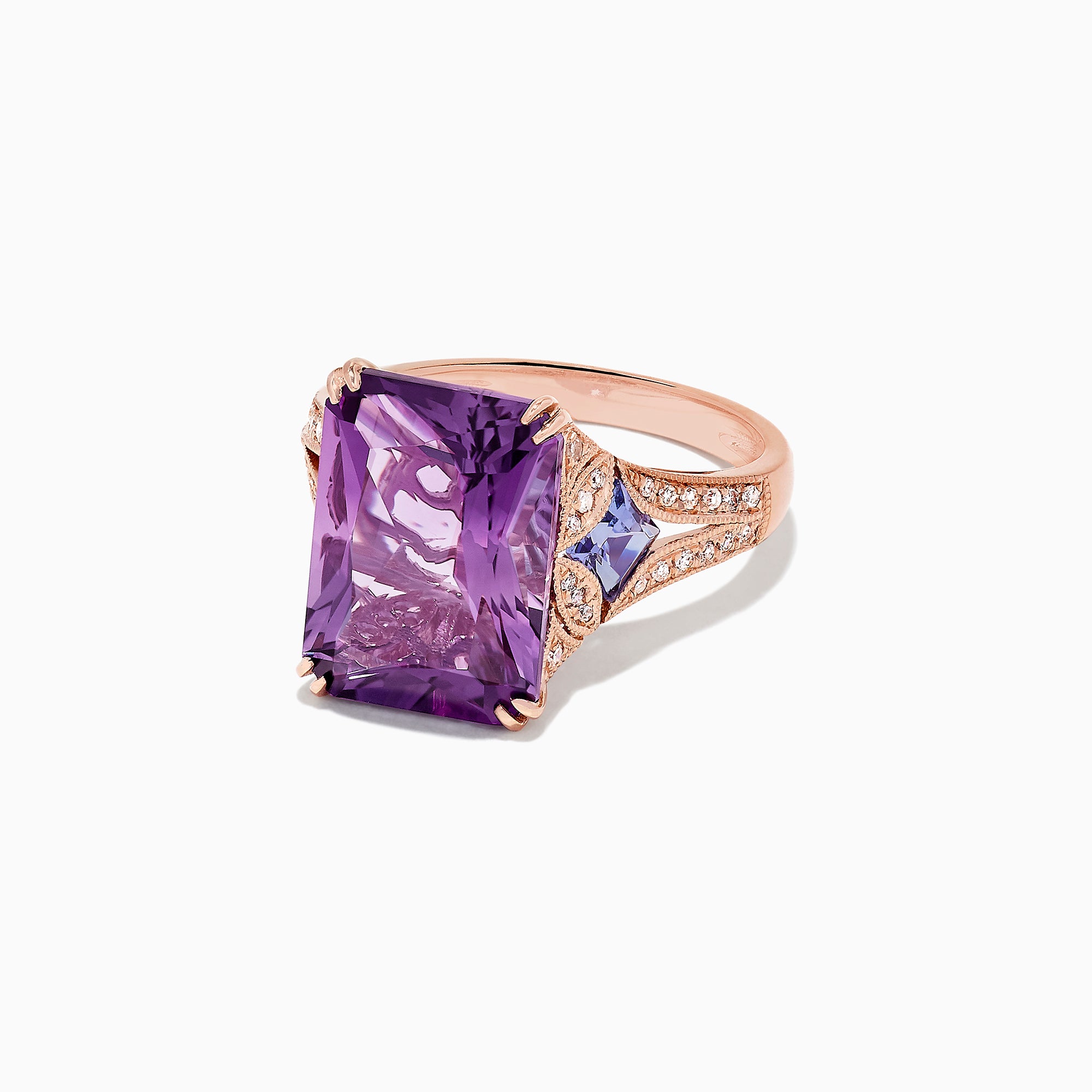 The 14K Rose Gold Amethyst, Tanzanite and Diamond Cocktail Ring (7.60 TCW) showcases a large rectangular amethyst center, flanked by tanzanites and sparkling diamonds set along the detailed rose gold band.