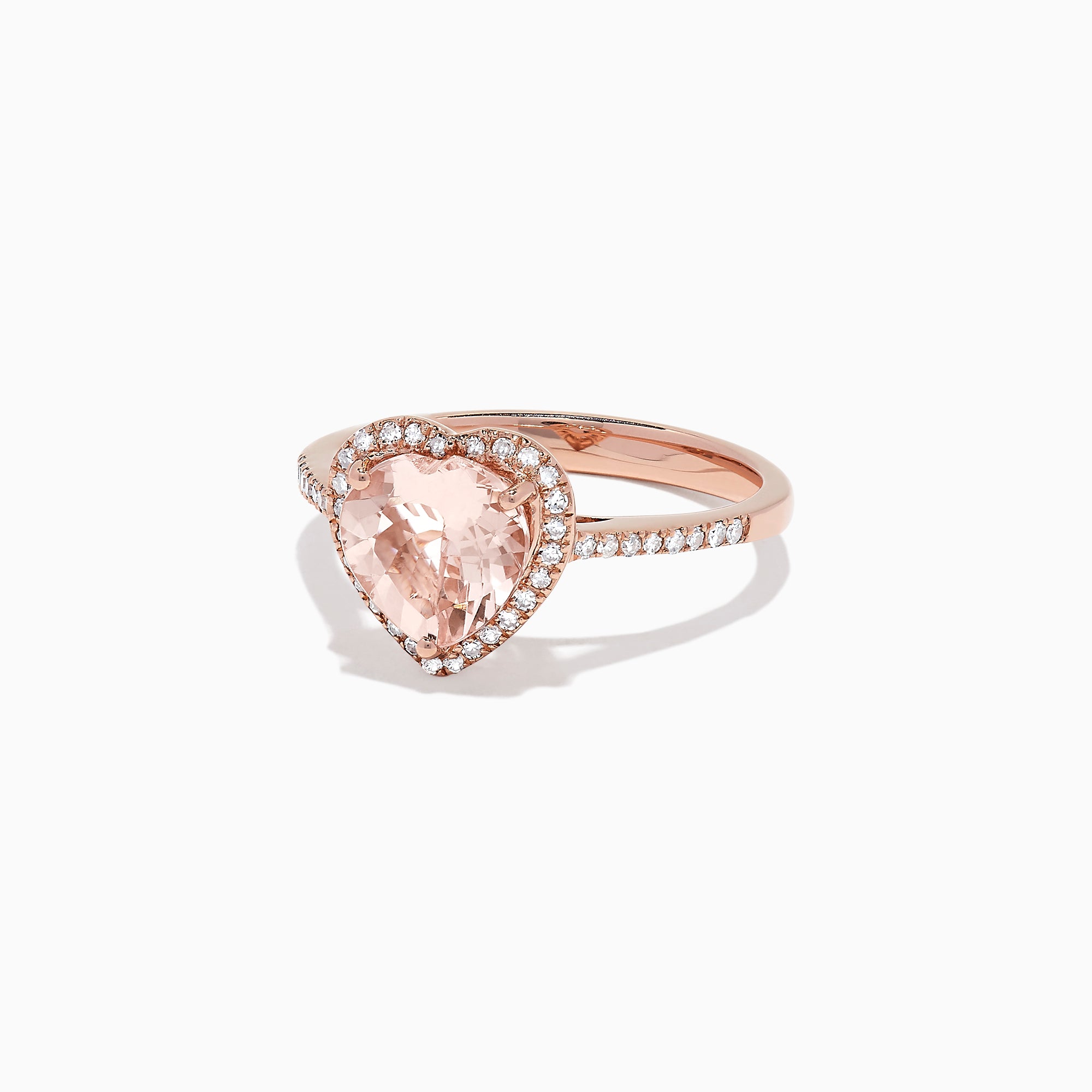 The Blush 14K Rose Gold Morganite and Diamond Heart Ring, 1.93 TCW features a heart-shaped pale pink morganite with a diamond halo and additional diamonds on the band.