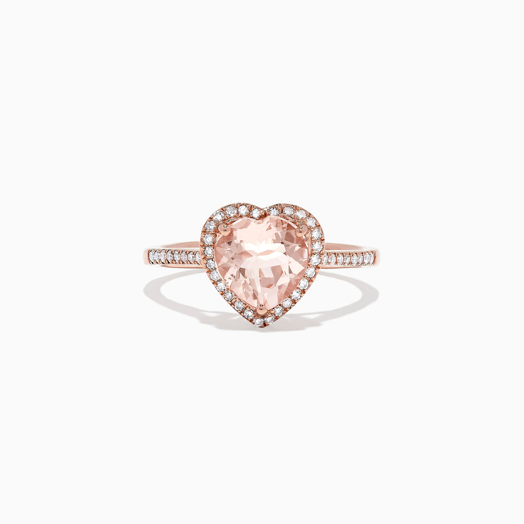 The Blush 14K Rose Gold Morganite and Diamond Heart Ring, 1.93 TCW features a heart-shaped pale pink morganite with a diamond halo and additional diamonds on the band.