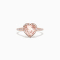 The Blush 14K Rose Gold Morganite and Diamond Heart Ring, 1.93 TCW features a heart-shaped pale pink morganite with a diamond halo and additional diamonds on the band.