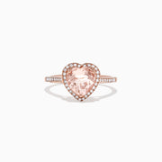 The Blush 14K Rose Gold Morganite and Diamond Heart Ring, 1.93 TCW features a heart-shaped pale pink morganite with a diamond halo and additional diamonds on the band.