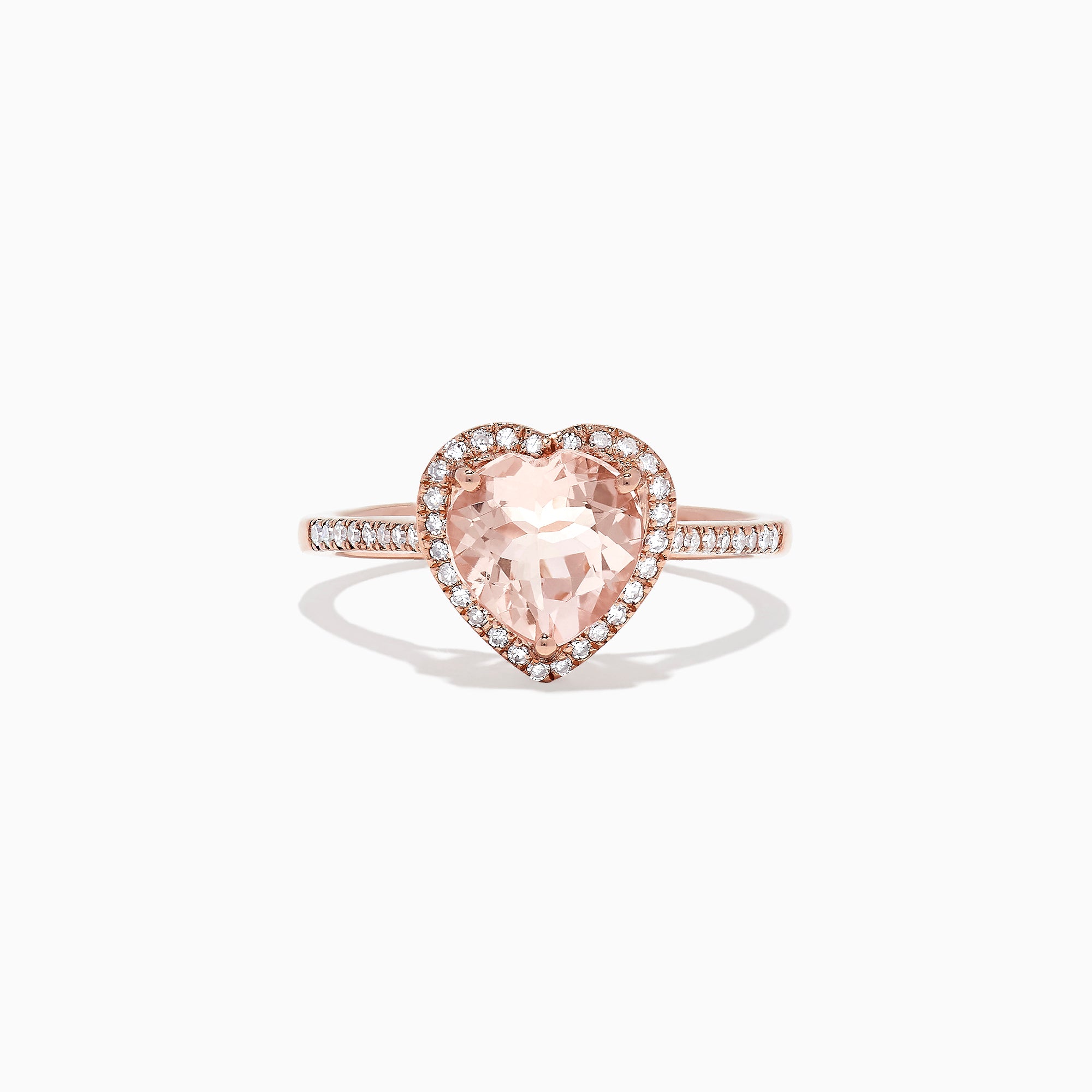 The Blush 14K Rose Gold Morganite and Diamond Heart Ring, 1.93 TCW features a heart-shaped pale pink morganite with a diamond halo and additional diamonds on the band.