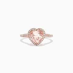 The Blush 14K Rose Gold Morganite and Diamond Heart Ring, 1.93 TCW features a heart-shaped pale pink morganite with a diamond halo and additional diamonds on the band.