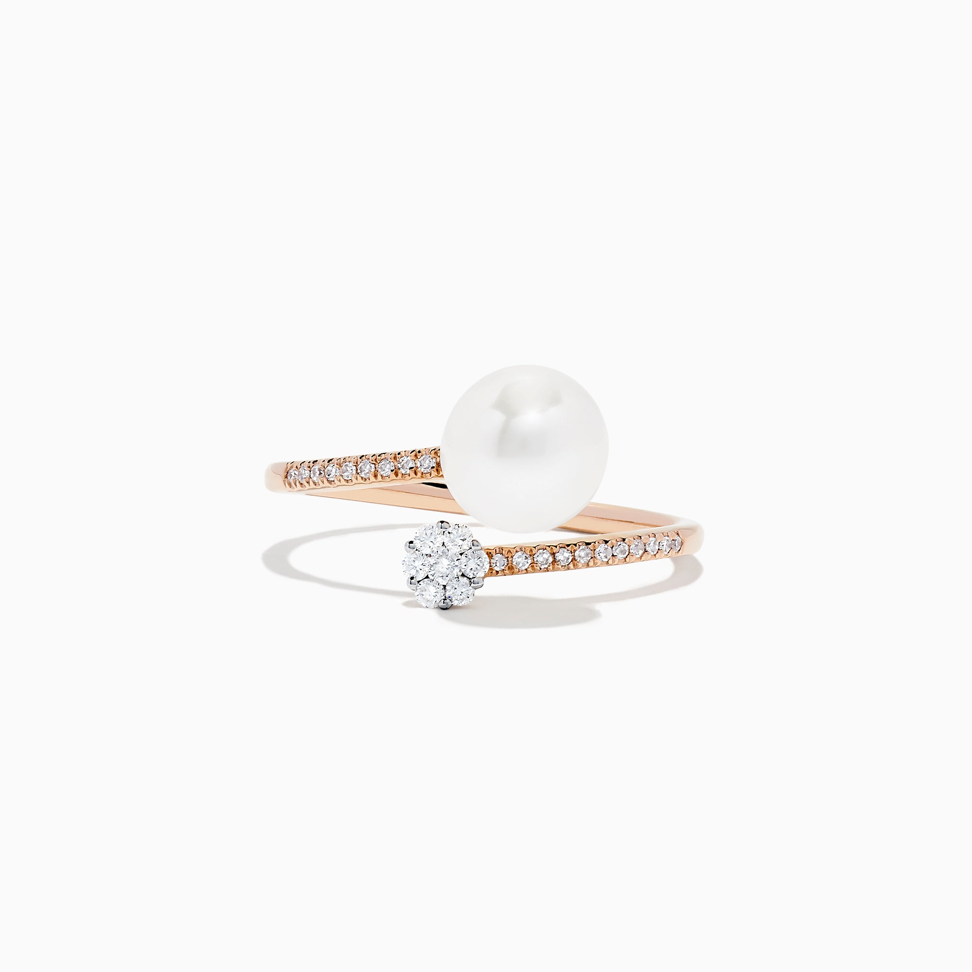 The 14K Rose Gold Pearl and Diamond Wrap Ring, 0.13 TCW, features a luminous pearl on one end, a diamond cluster on the other, and small diamonds set along the band.