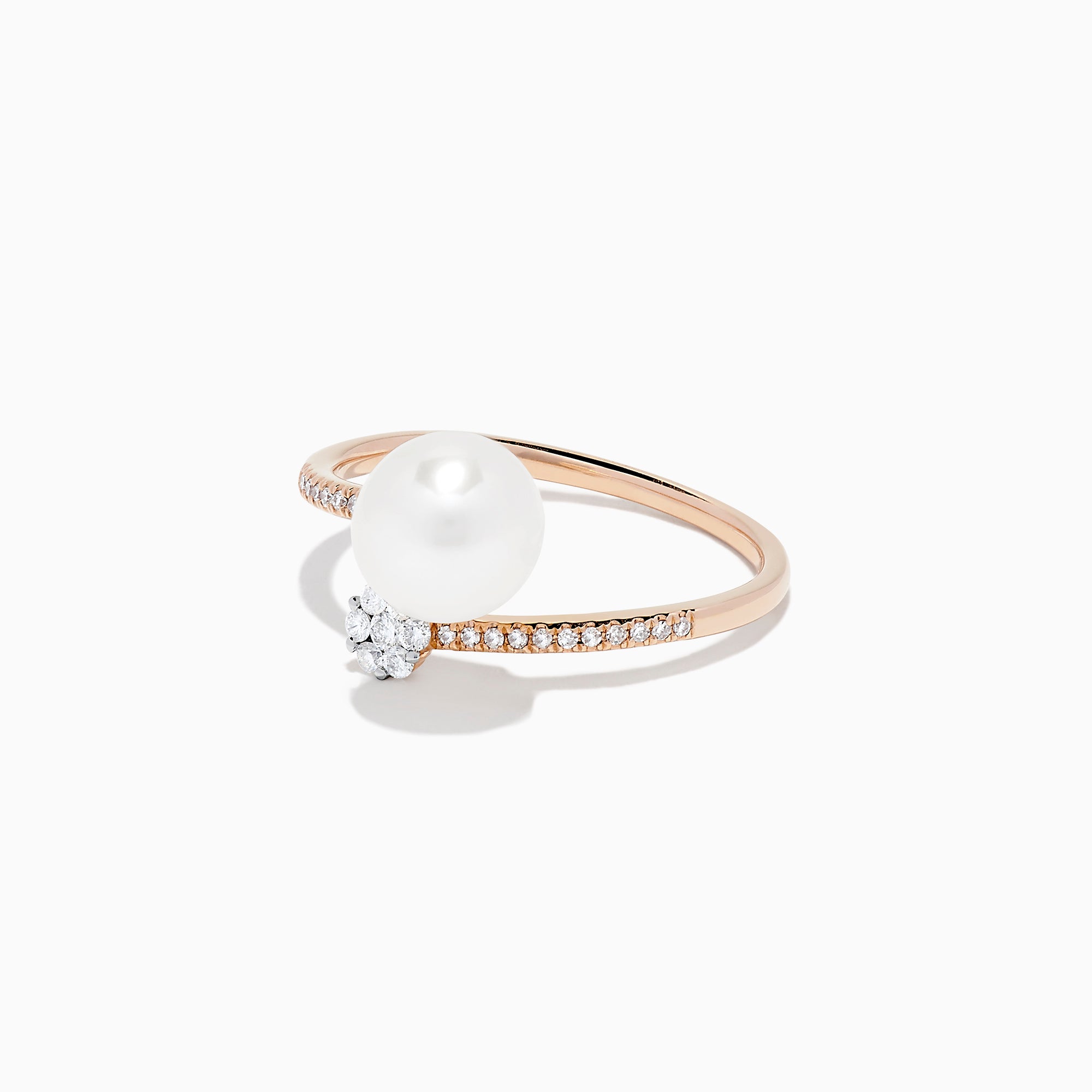 The 14K Rose Gold Pearl and Diamond Wrap Ring, 0.13 TCW, features a luminous pearl on one end, a diamond cluster on the other, and small diamonds set along the band.