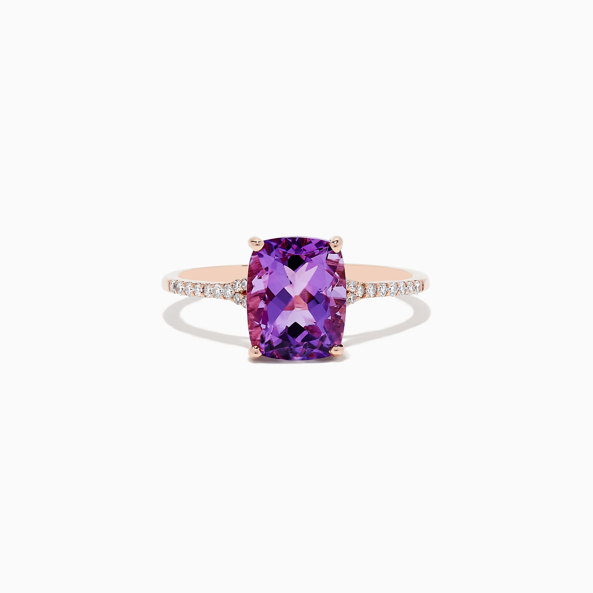 The 14K Rose Gold Amethyst and Diamond Ring, 2.21 TCW, showcases a large cushion-cut amethyst centerpiece with small round diamonds on the band, displayed against a white background.