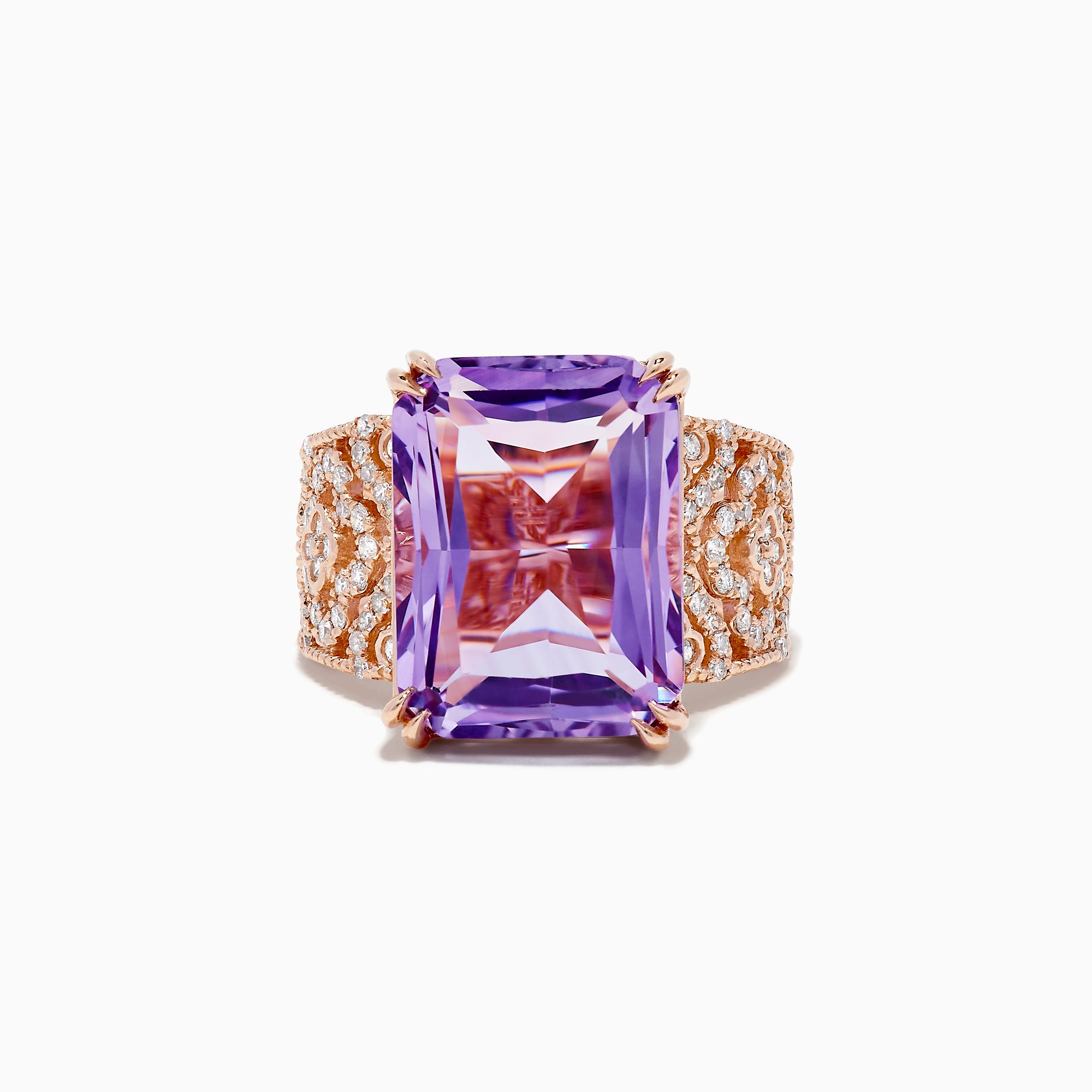 The Amethyst 14K Rose Gold Amethyst and Diamond Ring features a large rectangular amethyst center, accented by intricate rows of sparkling diamonds set into its wide rose gold band.