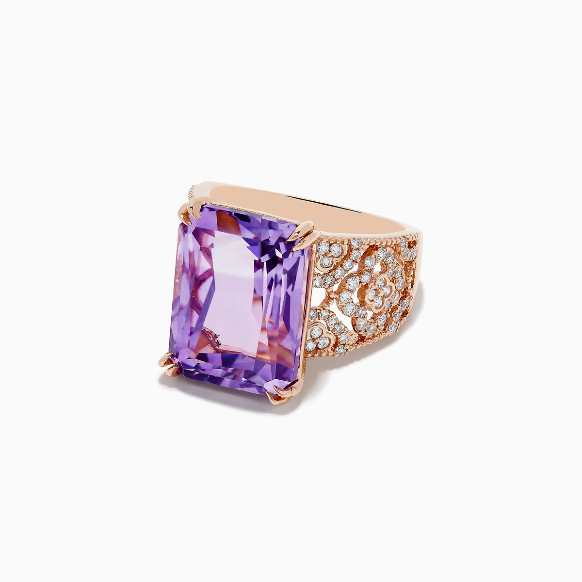 The Amethyst 14K Rose Gold Amethyst and Diamond Ring features a large rectangular amethyst center, accented by intricate rows of sparkling diamonds set into its wide rose gold band.