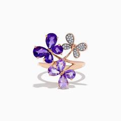 A stunning 14K rose gold Effy ring features multiple amethyst and diamond butterflies, beautifully displayed against a white background.